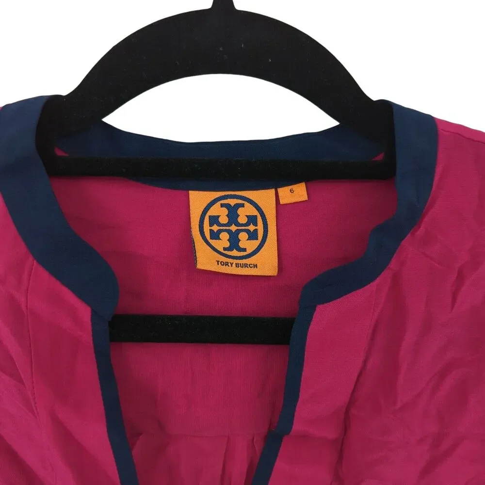 Tory Burch Women 6 Blouse Magenta Pink Contrast Long Sleeve V Neck Silk FLAW